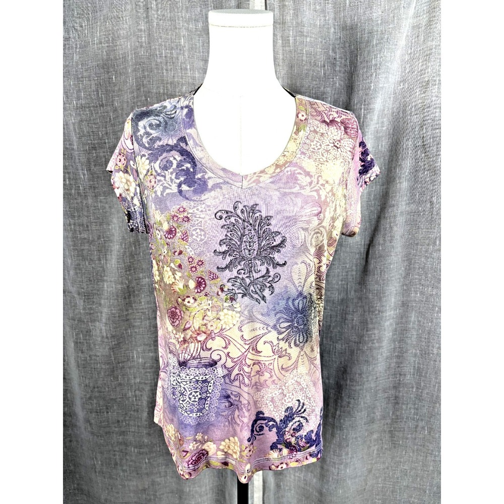 Y2K Embellished Tee Shirt V Neck Purple Yellow Graphic Fairy Whimsigoth Size‎ L